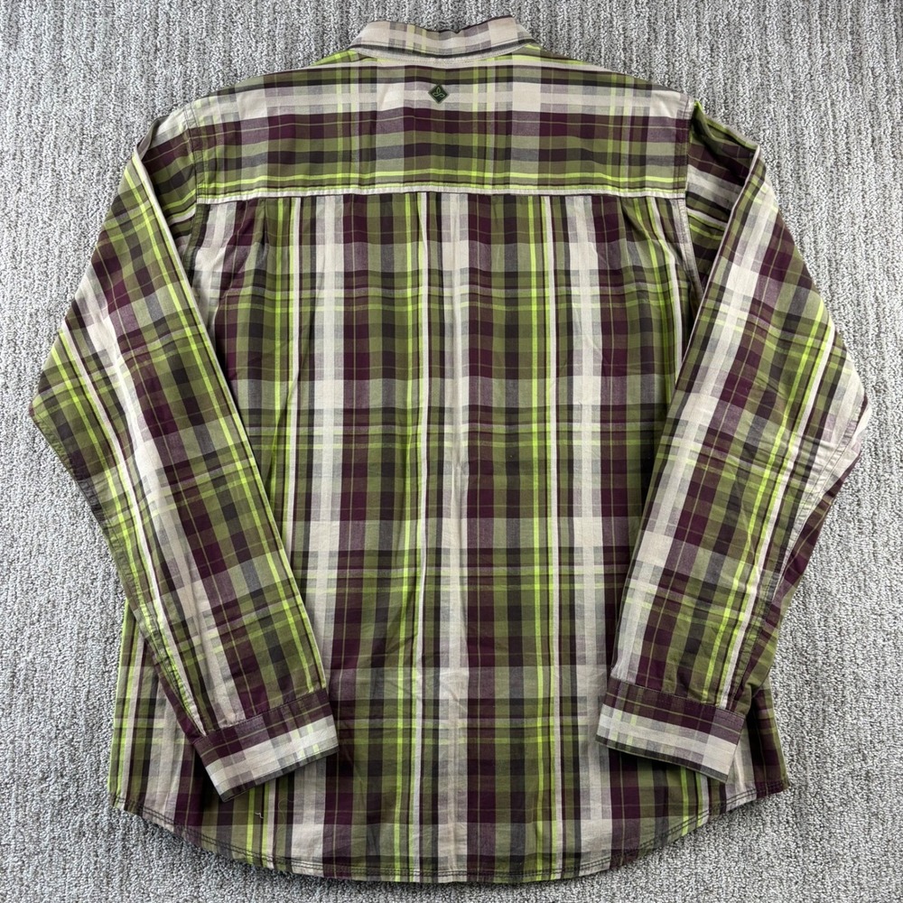 Prana Men's XL Plaid Pearl Snap Shirt Green Burgundy Beige Long Sleeve‎ Outdoor - Picture 4 of 12